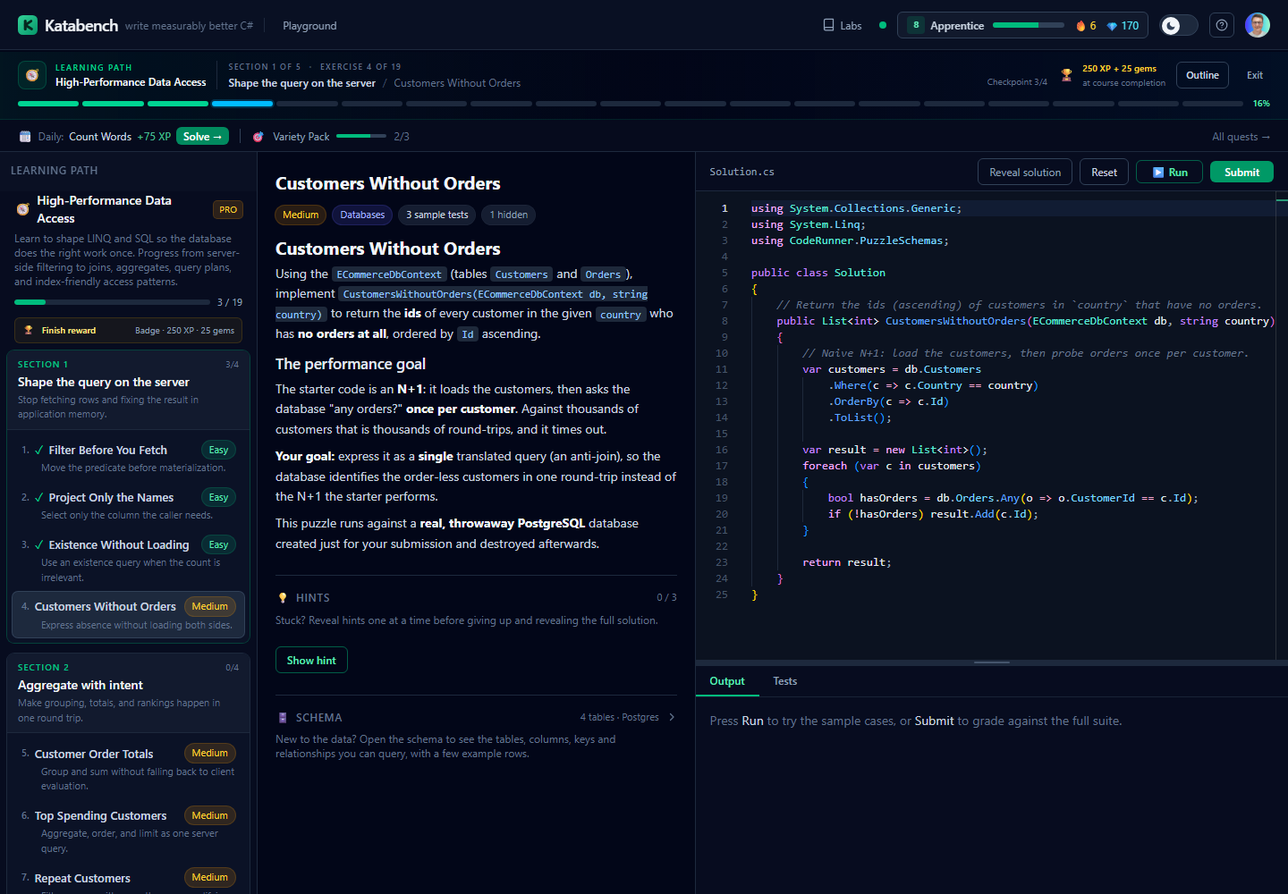 Katabench learning path workspace showing course sections, active exercise, segmented progress, code editor, and completion reward