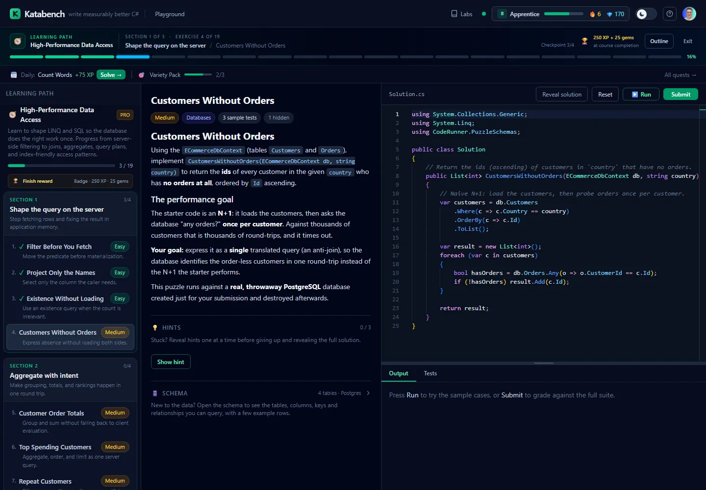 Katabench learning path workspace showing course sections, active exercise, segmented progress, code editor, and completion reward
