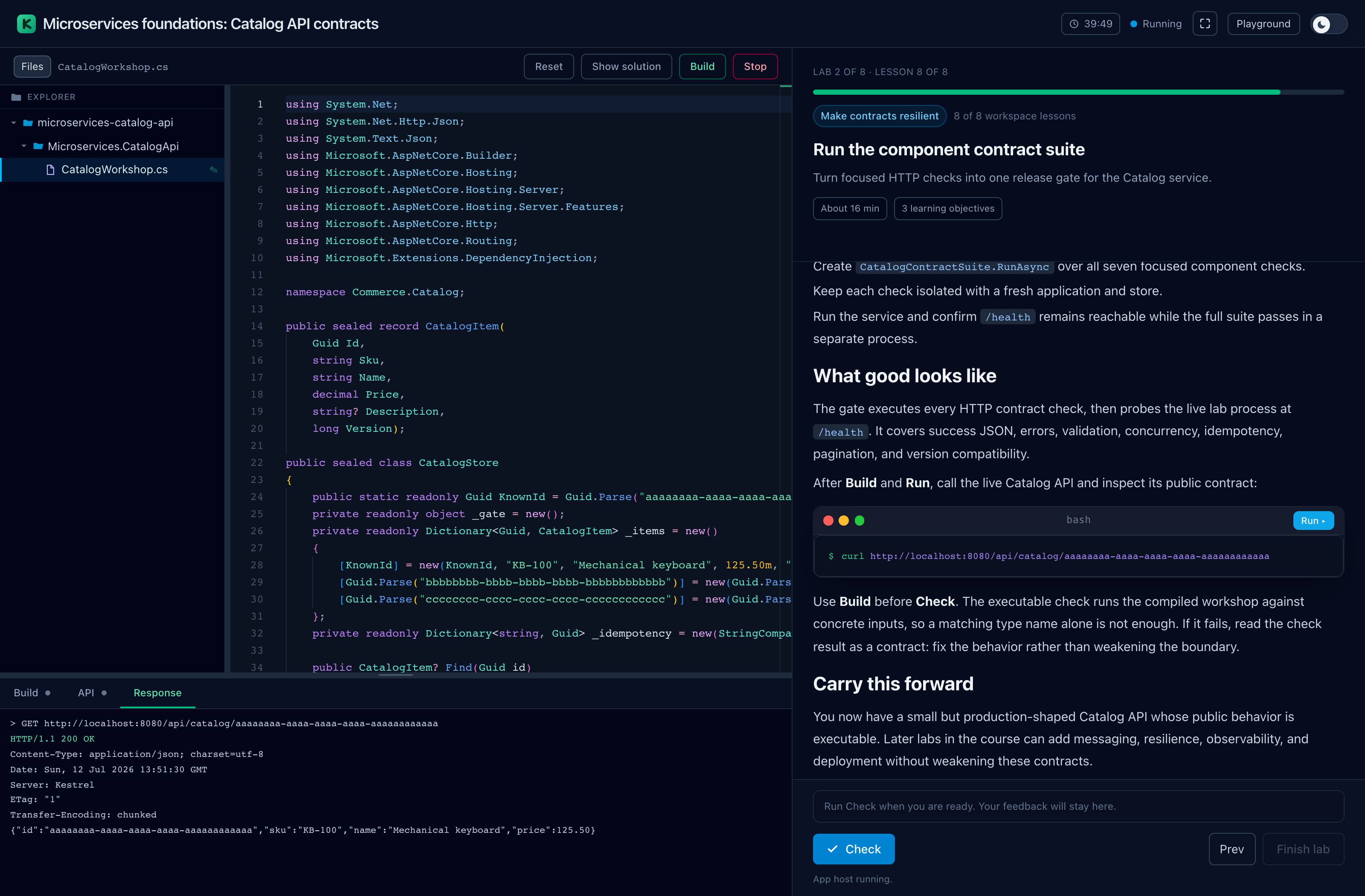 The Microservices Catalog API lab running a Kestrel service, with a real HTTP 200 response, headers, and catalog JSON visible in the response console.
